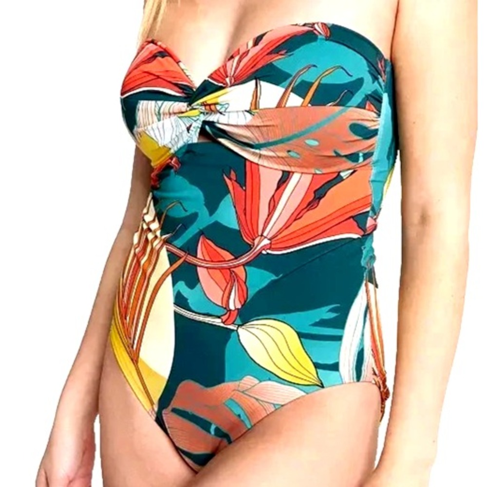 Calia Twisted Bandeau One Piece Women's Size 4 Botanical Print Sea Green NWT